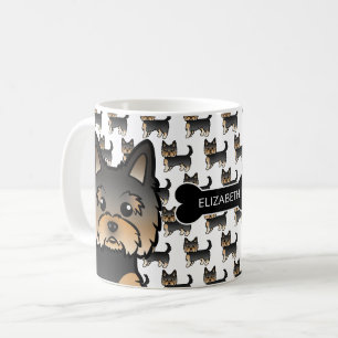 Taza De Café Yorkie negro y bronceado con hueso de perro y nomb