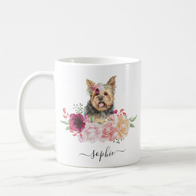 Taza De Café Yorkie Nombre personalizado Café Floral Mug (Izquierda)