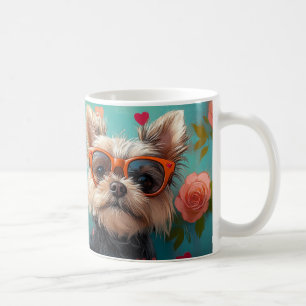 Taza De Café Yorkshire Terrier con Corazones de Rosas Día de Sa