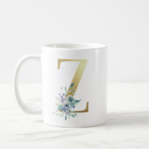Taza De Café Z, inicial dorada con follaje floral azul