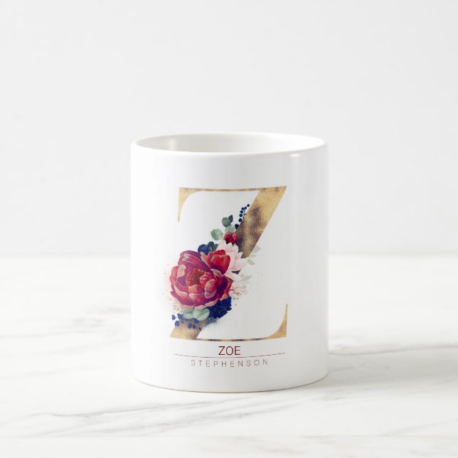 Taza De Café Z Monograma Floral Borgoña Rojo y Azul Marina (Centro)