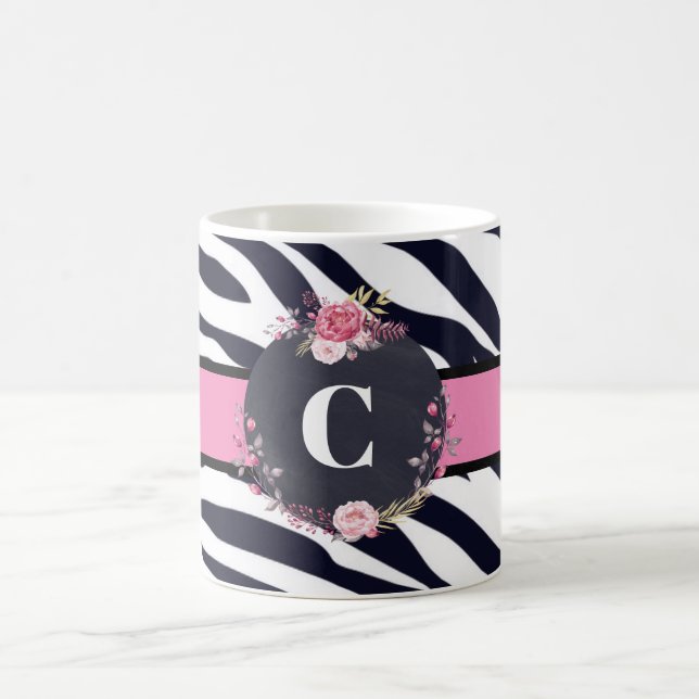 Taza De Café Zebra Floral Monograma Clásico (Centro)