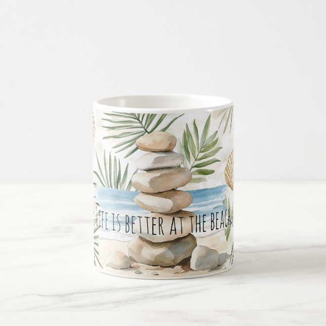 Taza De Café Zen Beach Rocks Tropical Shells Palm Leaves (Centro)