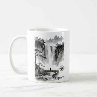 Taza De Café Zen Waterfall Mountain Ink Art Explore Compass