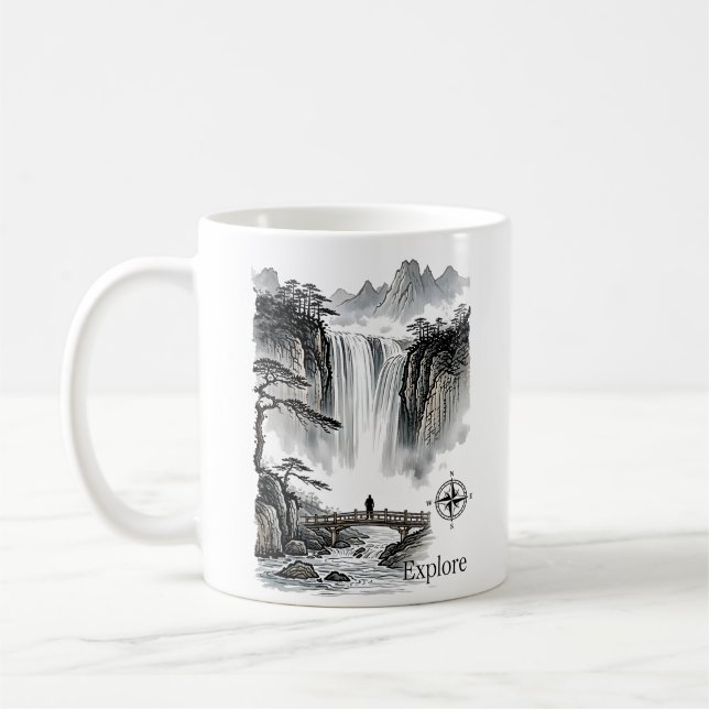 Taza De Café Zen Waterfall Mountain Ink Art Explore Compass (Izquierda)