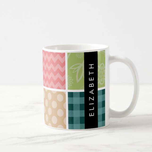 Taza De Café Zigzag, Chevron, Gingham, Puntos Polka, Tu Nombre (Derecha)
