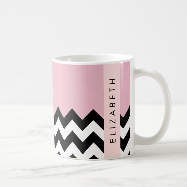 Taza De Café Zigzag negro y blanco, chevron, rosado, tu nombre (Derecha)