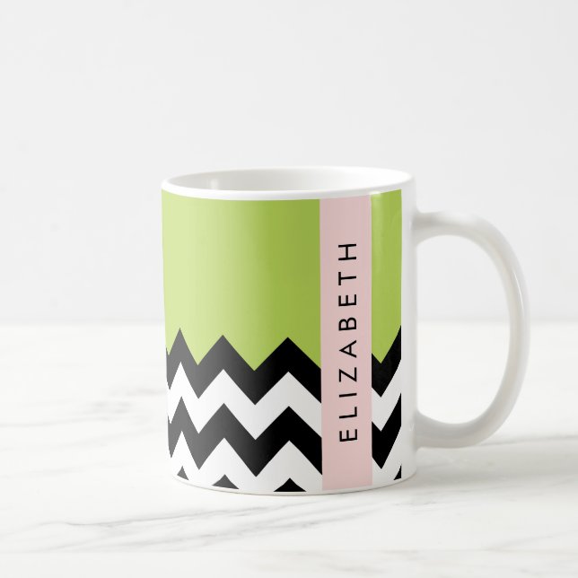 Taza De Café Zigzag negro y blanco, chevron, verde, tu nombre (Derecha)
