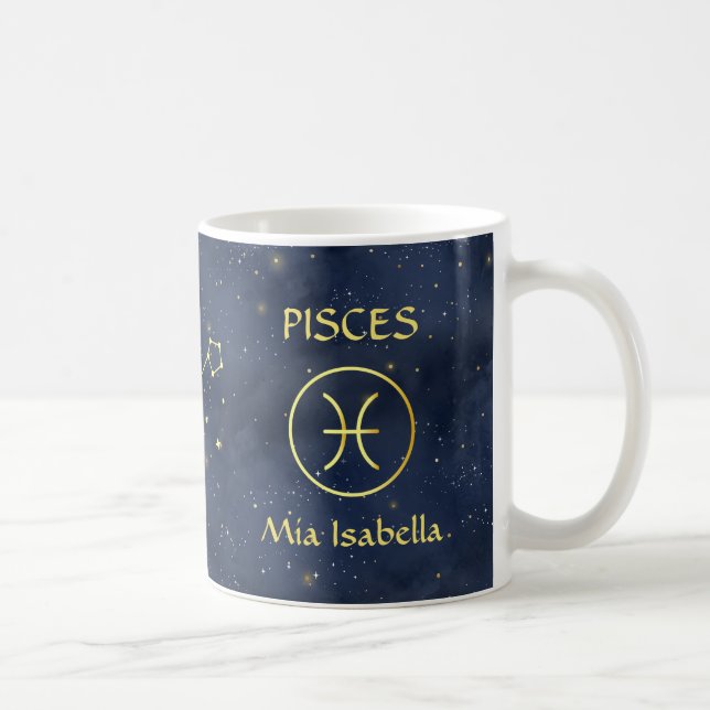 Taza De Café Zodiac Rótulo Pisces y Gato Celestial Mug (Derecha)