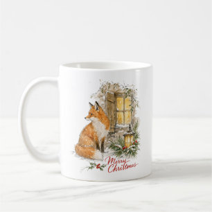 Taza De Café Zorro de Navidad con linterna en acuarela