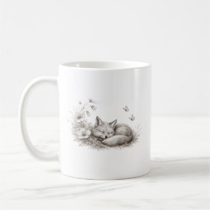 Taza De Café Zorro Durmiente en Flor Monocromo Suave Bosque en
