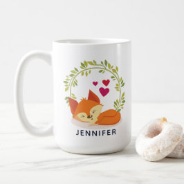 Taza De Café Zorro Naranja, corazones rojos y una corona verde