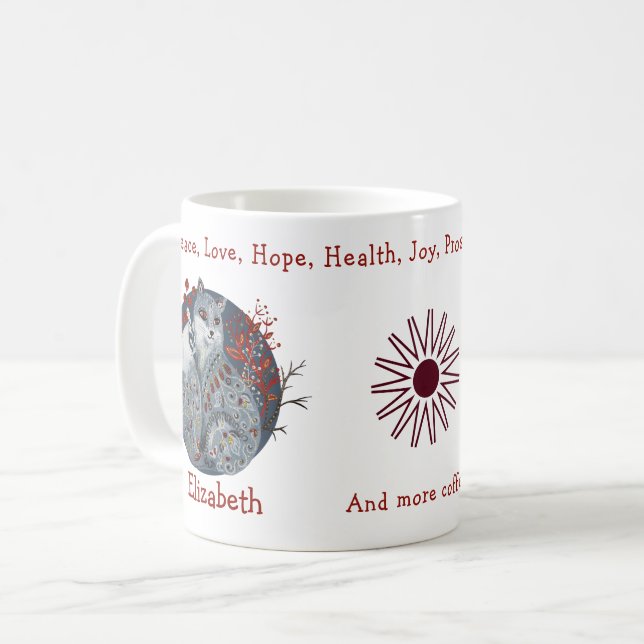 Taza De Café Zorro Polar Azul Guay, Fondo Floral. Hermoso (Anverso izquierdo)