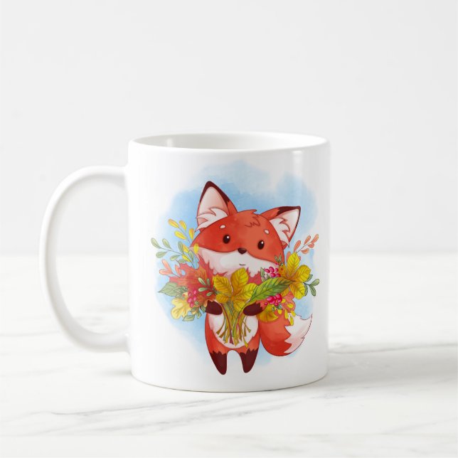 Taza De Café Zorro rojo curado con hojas de otoño (Izquierda)