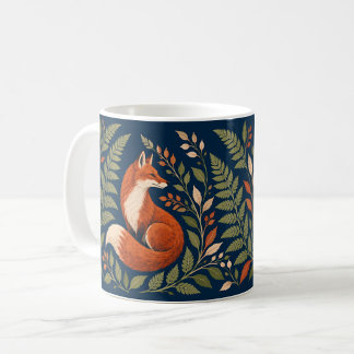 Taza De Café Zorros Naranja Oxidado con Helechos sobre Azul Mar