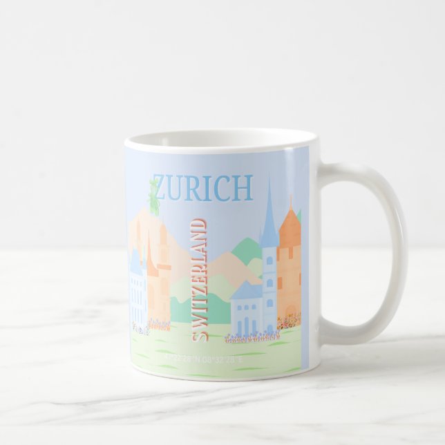 Taza De Café Zurich Travel Art, Suiza, Blue Retro Travel (Derecha)