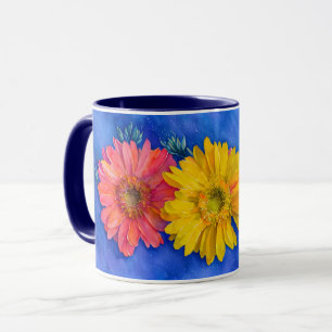 Taza de cerámica artística con tres flores de marg