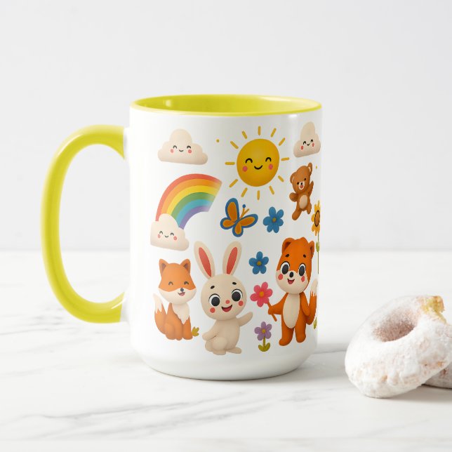 Taza de cerámica de animales alegres y arcoíris (Con donut)