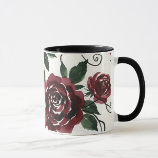 Taza de cerámica de rosas rojas oscuras con asa ne