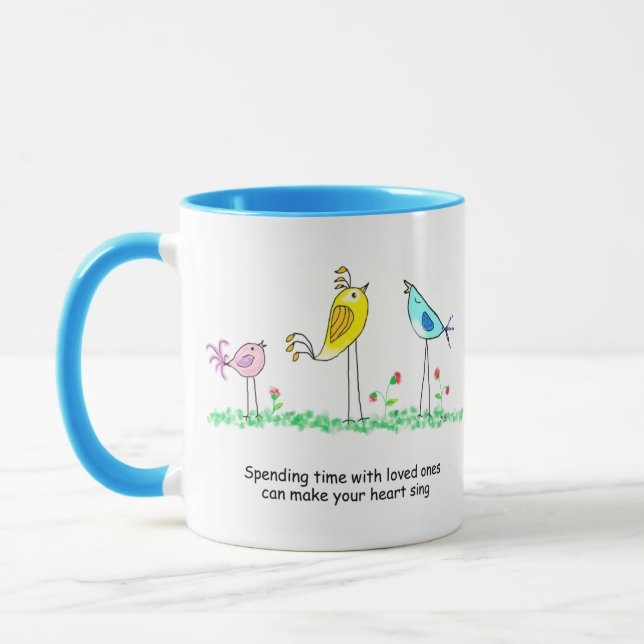 Taza de cerámica, pájaros caprichosos con dicho (Izquierda)