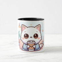 Taza de chat kawaii con café – Ilustración de gato