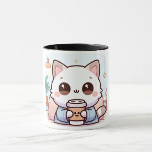 Taza de chat kawaii con café – Ilustración de gato
