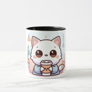 Taza de chat kawaii con café – Ilustración de gato