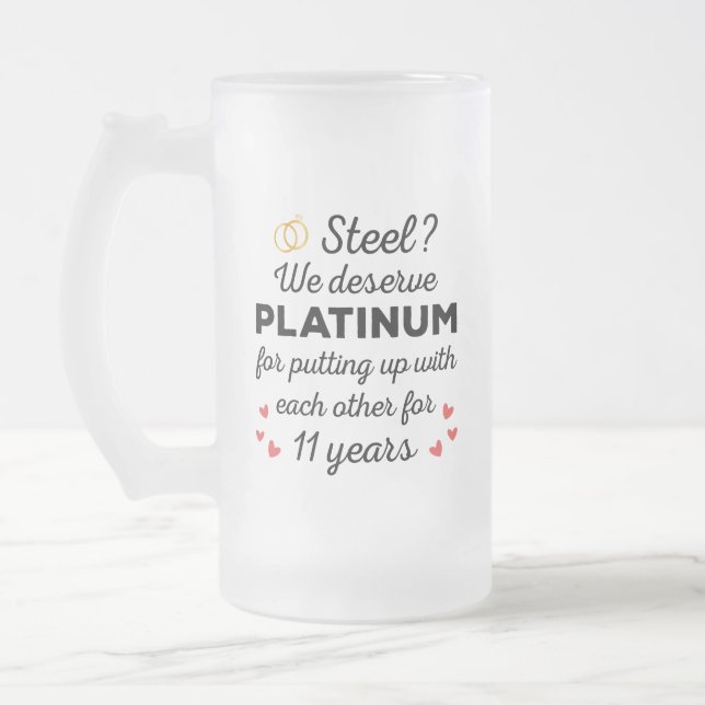 Taza De Cristal Esmerilado 11° Aniversario Boda I - Pareja divertida de acero (Izquierda)
