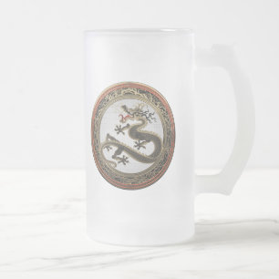 Taza De Cristal Esmerilado [200] Dragón oriental sagrado de oro y negro