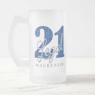 Taza De Cristal Esmerilado 21 y legal Blue Faux Purpurina 21º cumpleaños