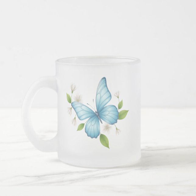 Taza De Cristal Esmerilado A Blue butterfly frosted glass Mug (Izquierda)
