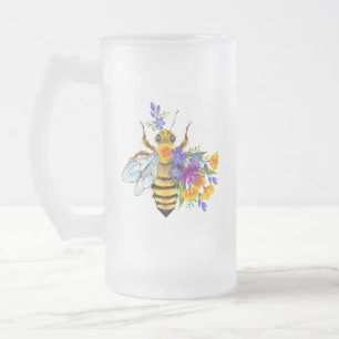 Taza De Cristal Esmerilado Abeja de flor con plantas silvestres