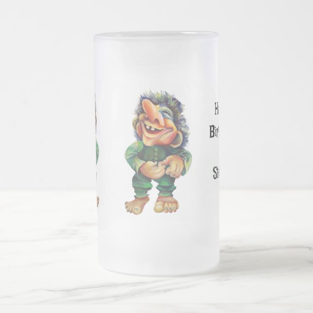 Taza De Cristal Esmerilado Acuarela de Ilustracion de Troll divertida en Esca (Centro)