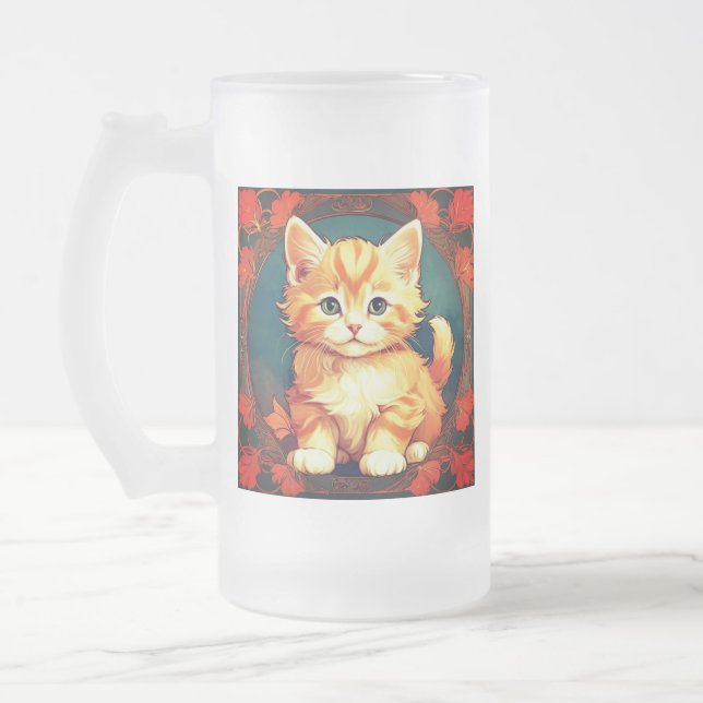 Taza De Cristal Esmerilado Alphonse Mucha Style Naranja Cat (Izquierda)