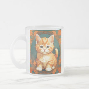 Taza De Cristal Esmerilado Alphonse Mucha Style Naranja Cat