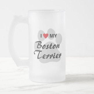 Taza De Cristal Esmerilado Amo (corazón) mi Boston Terrier Pawprint
