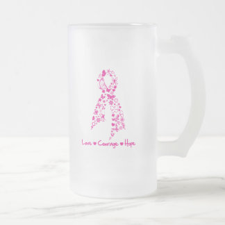 Taza De Cristal Esmerilado Amor Valor Esperanza Mariposa Cinta - Cáncer de Ma