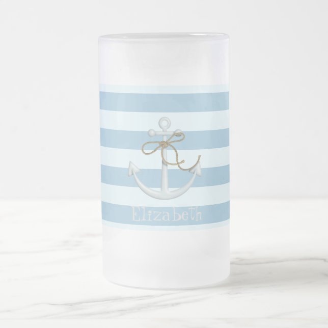 Taza De Cristal Esmerilado Anclaje náutico adorable sobre franjas azules clar (Centro)