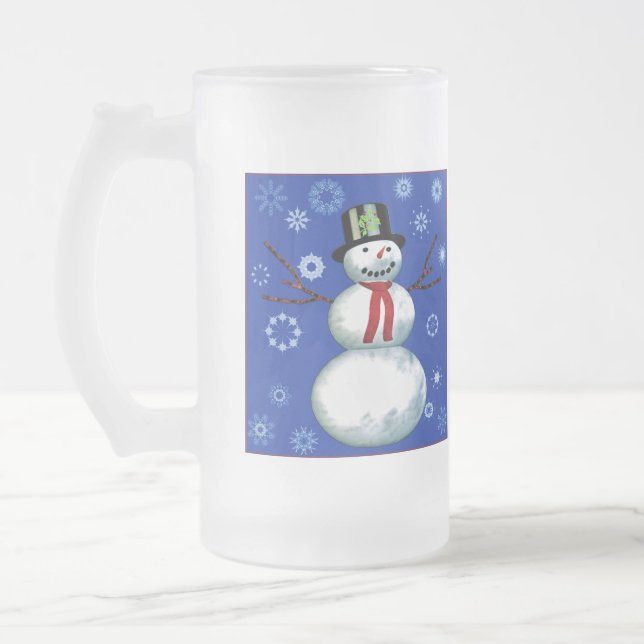 Taza De Cristal Esmerilado animado muñeco de nieve de azul con copos de nieve (Izquierda)