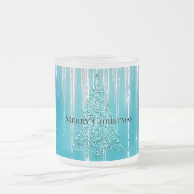 Taza De Cristal Esmerilado Aqua Blue Icicles Sparkle Christmas Tree (Centro)