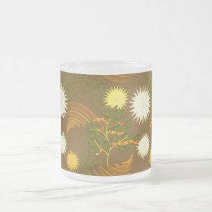 Taza De Cristal Esmerilado Árbol de café, flores.