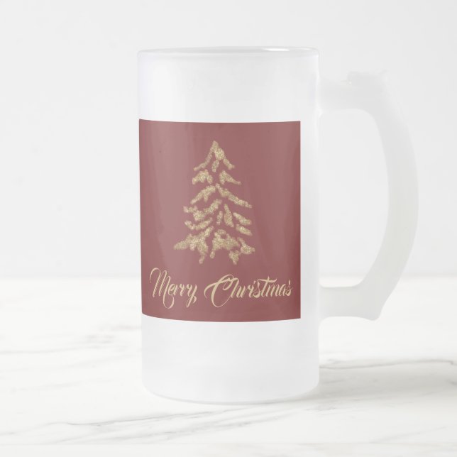 Taza De Cristal Esmerilado Árbol dorado de la navidad del borgoña rojo (Derecha)