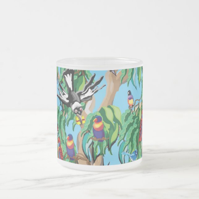 Taza De Cristal Esmerilado Árbol lleno de aves australianas (Centro)