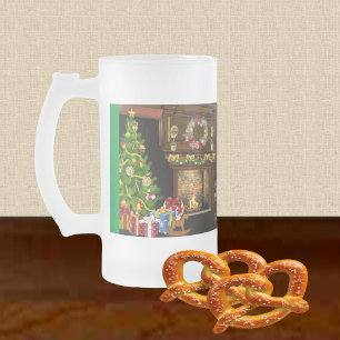 Taza De Cristal Esmerilado Árbol tradicional de Navidad, regalos y chimenea