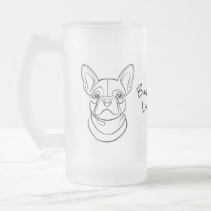 Taza De Cristal Esmerilado Arte de línea de Bulldog Francés. Construido peque