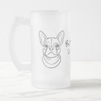 Taza De Cristal Esmerilado Arte de línea de Bulldog Francés. Construido peque