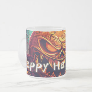 Taza De Cristal Esmerilado Asustada Naranja Calabaza con cara, Halloween