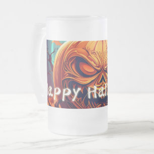 Taza De Cristal Esmerilado Asustada Naranja Calabaza con cara, Halloween