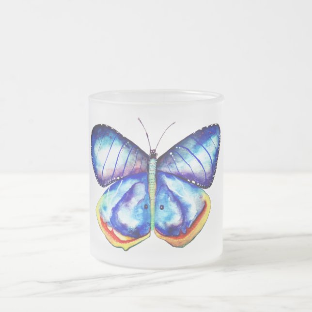 Taza De Cristal Esmerilado Azul mariposa arte Frost Glass Mug (Centro)