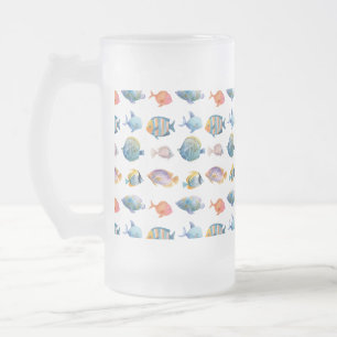 Taza De Cristal Esmerilado Bajo el patrón de peces náuticos del mar